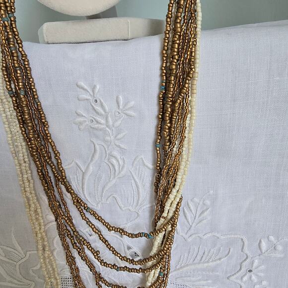 Vintage Beaded Necklace Braided Long Multistrand Cream Bronze Classic Boho Glam - Picture 11 of 12